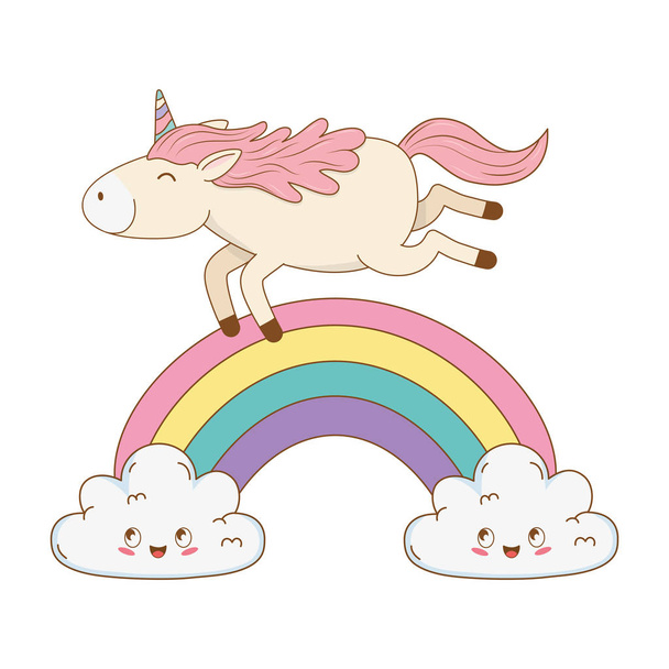 schattig fairytale unicorn in wolken regenboog - Vector, afbeelding