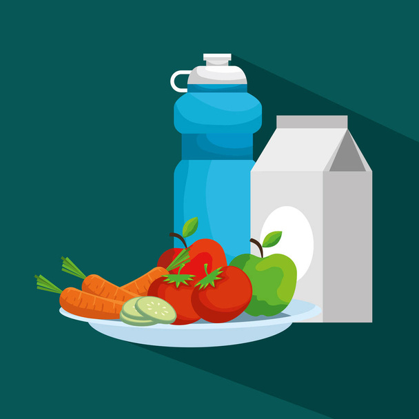 butelka wody z mlekiem i owoce z warzywami - Wektor, obraz