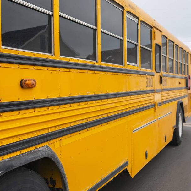 Внешний вид жёлтого школьного автобуса с красным знаком остановки и сигнальными огнями
 - Фото, изображение