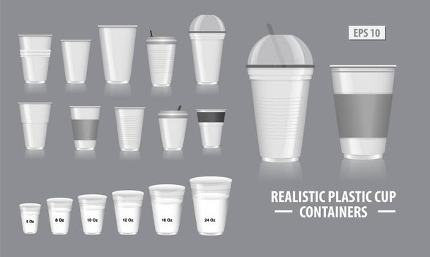 使い捨てカップに透明なプラスチックが入ったリアルなカップ容器のセット、ソーダ、紅茶、コーヒー、その他の冷たい飲み物.   - ベクター画像