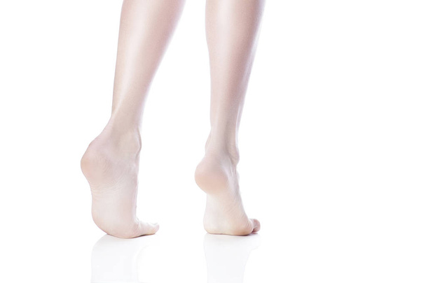 Vista posterior de los pies desnudos femeninos de pie en puntillas sobre fondo blanco
 - Foto, Imagen