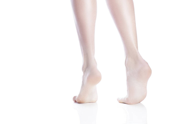Vista posterior de los pies desnudos femeninos de pie en puntillas sobre fondo blanco
 - Foto, Imagen