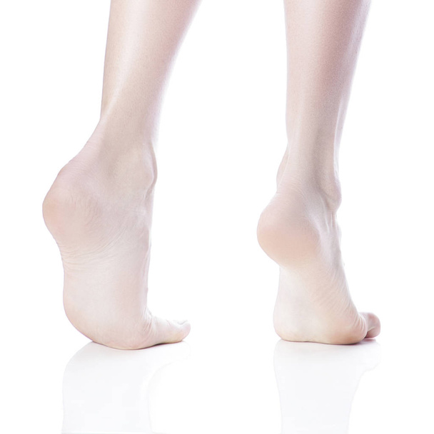 Rückansicht weiblicher nackter Füße, die auf Zehenspitzen auf weißem Hintergrund stehen - Foto, Bild