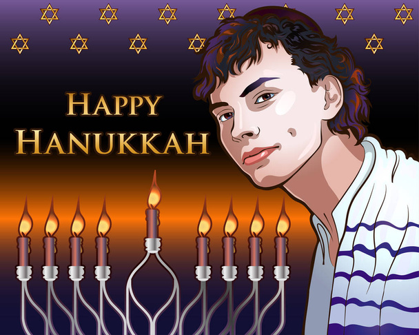 Happy Hanukkah Shining Illustration with Menorah, David Stars, Portrait of a Young Jew - Vector, Image