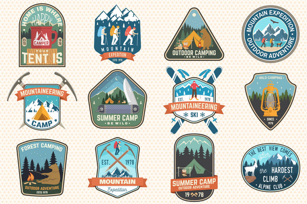 Set of mountain expedition and summer camp patches. Vector Concept for shirt or print, stamp, badge. Vintage typography design with forest camp, mountains expedition. Outdoors adventure emblems - Vector, Image