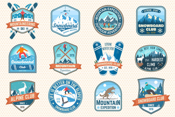 Set of mountain expedition and snowboard club patch. Vector. Concept for badge, print, stamp. Vintage typography design with mountaineers and mountain silhouette. Outdoors adventure emblems. - Vector, Image