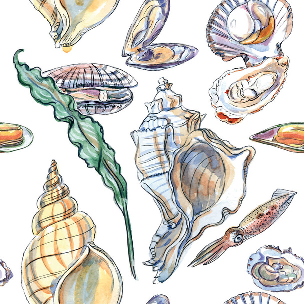 Seamless pattern of different sea and ocean inhabitants: shells, mollusk and seaweed - Photo, image