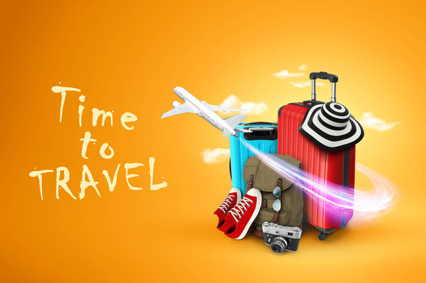 Creative background, red suitcase, the inscription time to travel, sneakers, plane on a yellow background. Concept of travel, tourism, vacation, vacation, dream. 3D illustration, 3D rendering - Фото, зображення