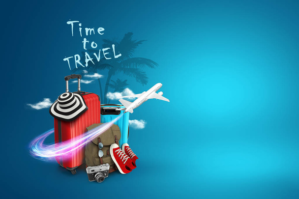 Creative background, red suitcase, the inscription time to travel, sneakers, plane on a blue background. Concept of travel, tourism, vacation, vacation, dream. 3D illustration, 3D rendering - Fotoğraf, Görsel