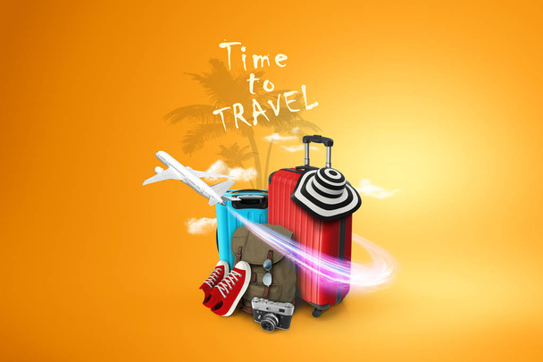 Creative background, red suitcase, the inscription time to travel, sneakers, plane on a yellow background. Concept of travel, tourism, vacation, vacation, dream. 3D illustration, 3D rendering - Фото, изображение