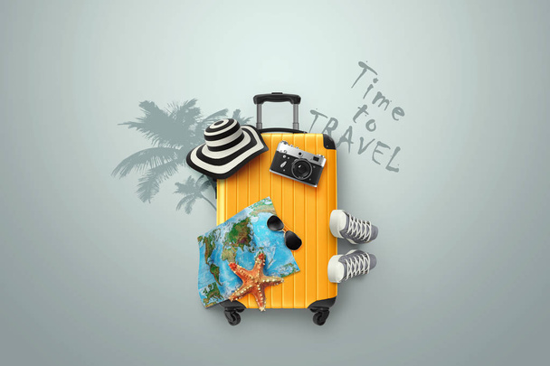 Creative background, yellow suitcase, time to travel sign, sneakers, map on gray background. Concept of travel, tourism, vacation, vacation, dream. 3D illustration, 3D rendering - Фото, зображення