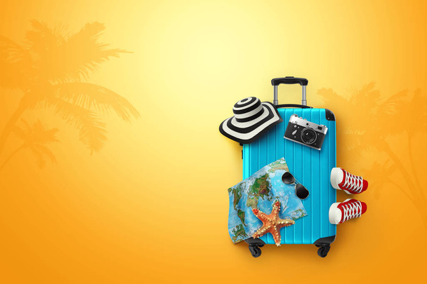 Creative background, blue suitcase, sneakers, map on a yellow background. Concept of travel, tourism, vacation, vacation, dream. Copy space. 3D illustration, 3D rendering - Foto, afbeelding