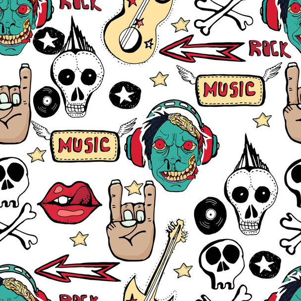 Modern, varrat nélküli mintázat koponyával, rock-zene szimbólumokkal, sztárokkal,  - Vektor, kép