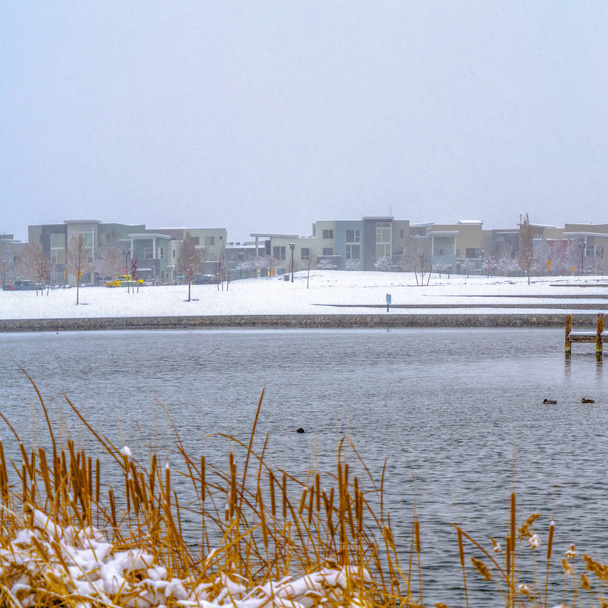 Edifícios quadrados claros contra o céu em uma paisagem coberta de neve além do lago no inverno
 - Foto, Imagem