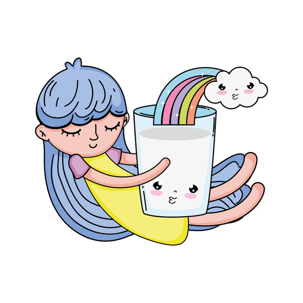 little girl with milk and rainbow kawaii character - Vector, Image