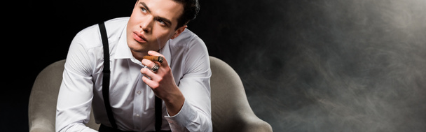 panoramic shot of confident man holding cigar while sitting in armchair on black with smoke - Photo, Image