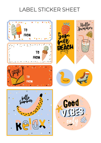 Summer stickers, label and git tag with cute holiday elements and lettering. - Вектор,изображение