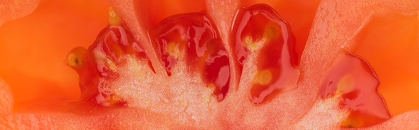 close up view of red fresh tomato half with seeds, panoramic shot - 写真・画像