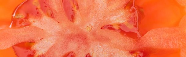 close up view of red ripe tomato half with seeds, panoramic shot - Fotó, kép