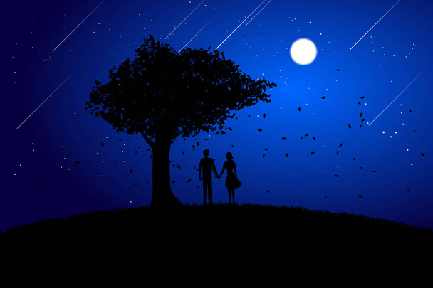 夜に大きな木の背景の下で手を握るシルエット恋人カップル。バレンタインデーと愛と記念日のテーマ. - ベクター画像