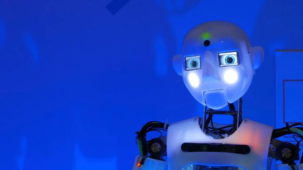 Hauska humanoidi robotti puhuu ja liikkuu pää
 - Valokuva, kuva
