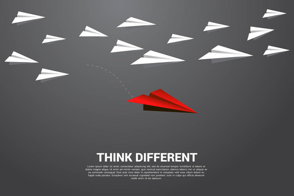 rotes Origami-Papierflugzeug, das aus einer Gruppe von weißen herausgeht. Geschäftskonzept der Disruption und Vision Mission. - Vektor, Bild