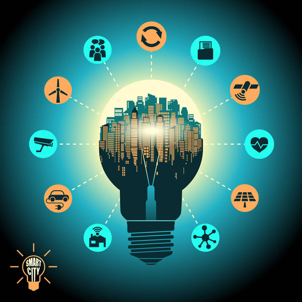 Concept of a smart city, cityscape in silhouette light bulb with advanced smart services, Internet of things, social networking - Vector, imagen