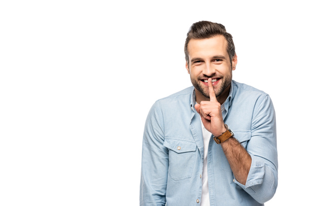 happy man with finger on mouth Isolated On White with copy space - Фото, изображение