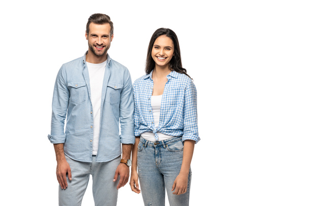 smiling man and young woman looking at camera Isolated On White - Photo, Image