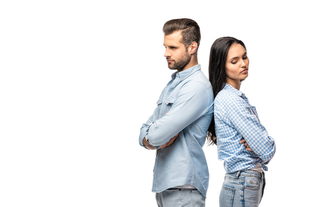upset man and young woman standing back to back with crossed arms Isolated On White - Φωτογραφία, εικόνα