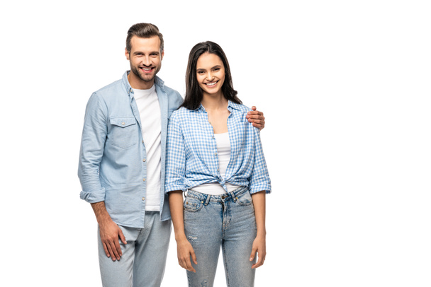happy man and young woman looking at camera Isolated On White with copy space - Foto, Imagem