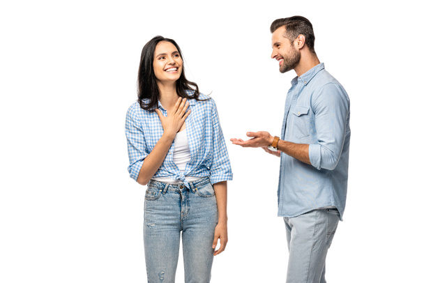 happy man and young woman gesturing and talking Isolated On White - Фото, изображение