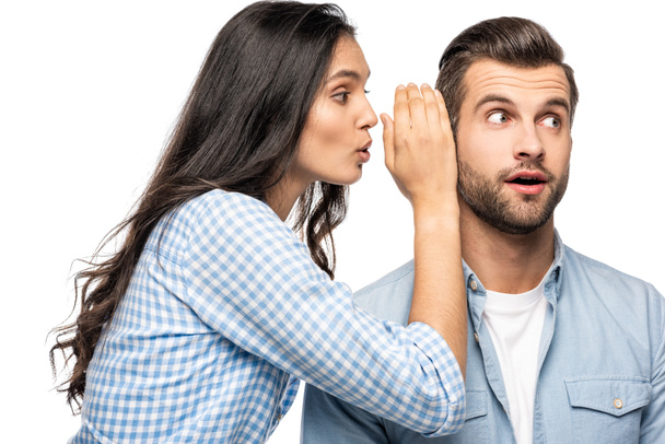 young woman telling secret to shocked man Isolated On White - Fotoğraf, Görsel