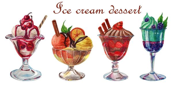Watercolor food illustration. Set of delicious ice cream desserts - Fotoğraf, Görsel
