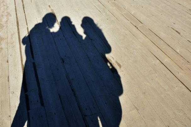 Silhouettes d'une famille de trois personnes faisant des photos ensemble sur fond de plancher de bois
 - Photo, image