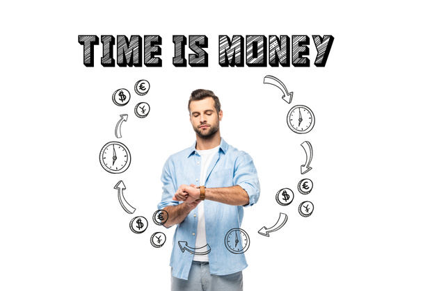 man looking at watch Isolated On White with time is money lettering and icons - Foto, immagini