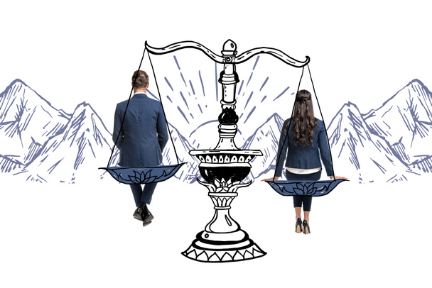 vue arrière de l'homme d'affaires et de la femme d'affaires assis sur des échelles d'équilibre isolé sur blanc
 - Photo, image