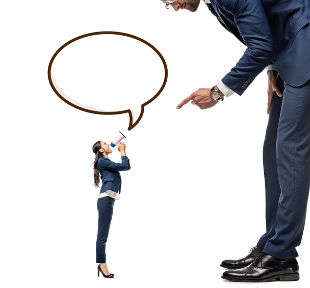 small businesswoman shouting in mouthpiece at big businessman Isolated On White with Speech Bubble - Photo, Image