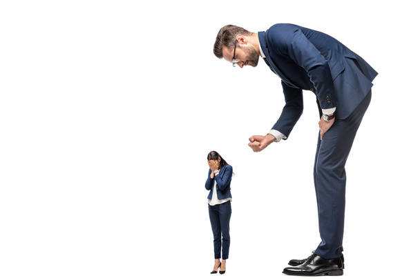 big businessman showing clenched fist at crying small businesswoman Isolated On White - Photo, Image