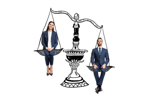 бізнесмен і бізнес-леді, сидячи на вагах балансу ізольовані на білому
 - Фото, зображення