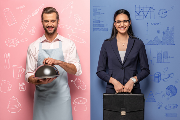smiling man in apron with Serving Tray and businesswoman with briefcase on blue and pink - Photo, Image