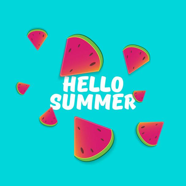 Vector Hello Summer Beach Party Flyer Modello di design con fetta di anguria fresca isolata su sfondo azzurro. Hello summer concept label o poster con frutta e testo tipografico
. - Vettoriali, immagini