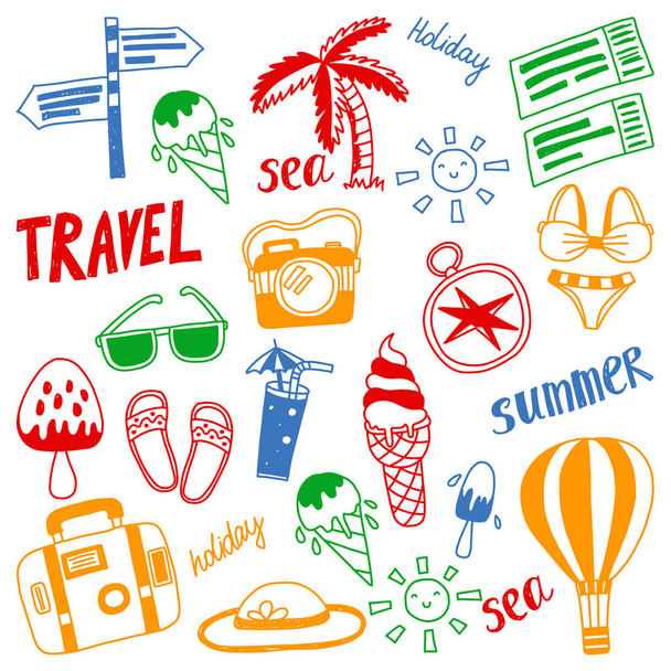 Travel vector pattern with balloon, palm, ice cream, camera. Summer vacation. - Wektor, obraz