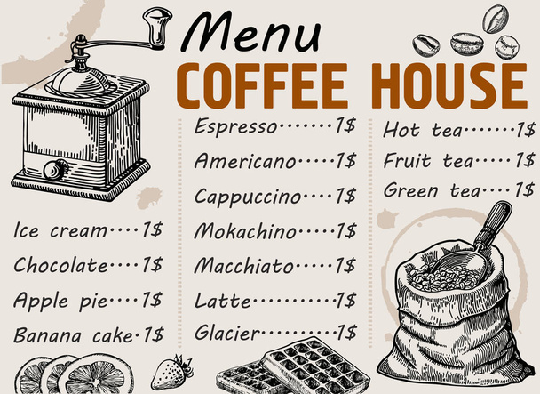 Coffee menu food restaurant brochure, coffee shop template design. Vintage creative dinner template with hand-drawn graphic. Vector coffee menu flyer. Gourmet menu board.  - Vector, Image