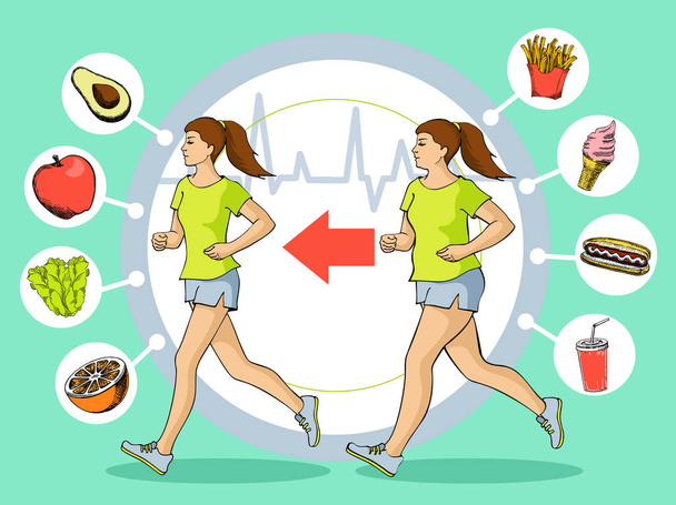 Laufende Frauen, joggende Frauen. gesunde Lebensweise Frau läuft Illustration. weibliche Ernährung, gesunde Ernährung und Gewichtsreduktionskonzept - Vektor, Bild