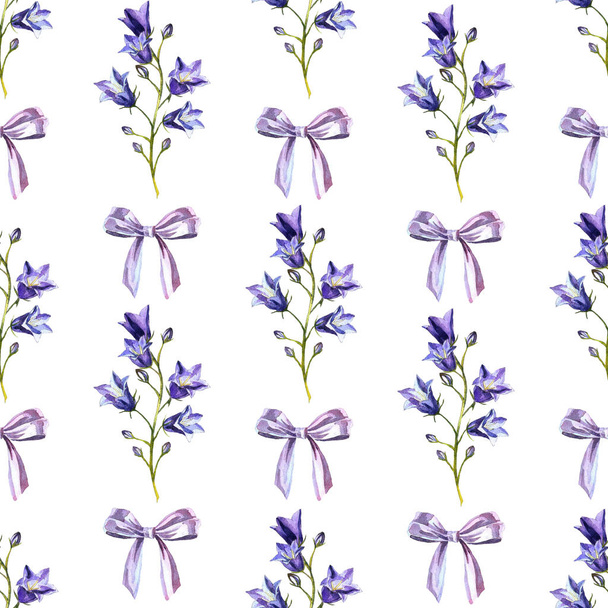 Seamless pattern with watercolor bluebells and bows of light-blue ribbon - Photo, image