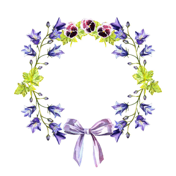 Watercolour circle frame of bluebells, leaves, purple violets and bow - Valokuva, kuva
