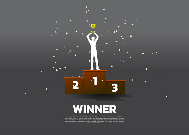 Sziluettje üzletember a bajnok trófeát az első helyen dobogóra. A nyertes és a siker üzleti koncepciója - Vektor, kép