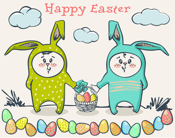 Coelhos da Páscoa são uma cesta de ovos. Easter Eggs, Children vestida como coelhinhos da Páscoa. Conjunto de vetores
 - Vetor, Imagem