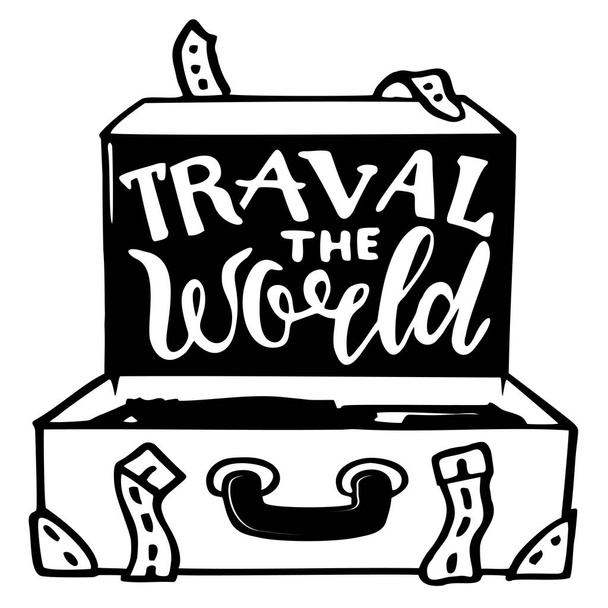 Travel the world. Lettering inspiring typography poster. Vector illustration. Suitcase silhouette and lettering on it - Vektor, kép